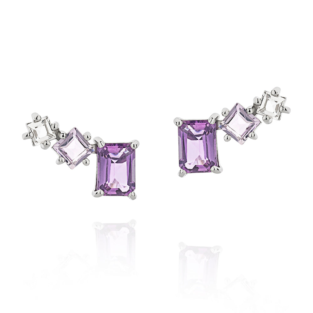 Brinco Colorful em Prata com Ametistas Triplo