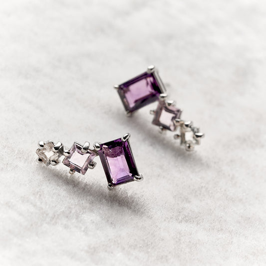 Brinco Colorful em Prata com Ametistas Triplo