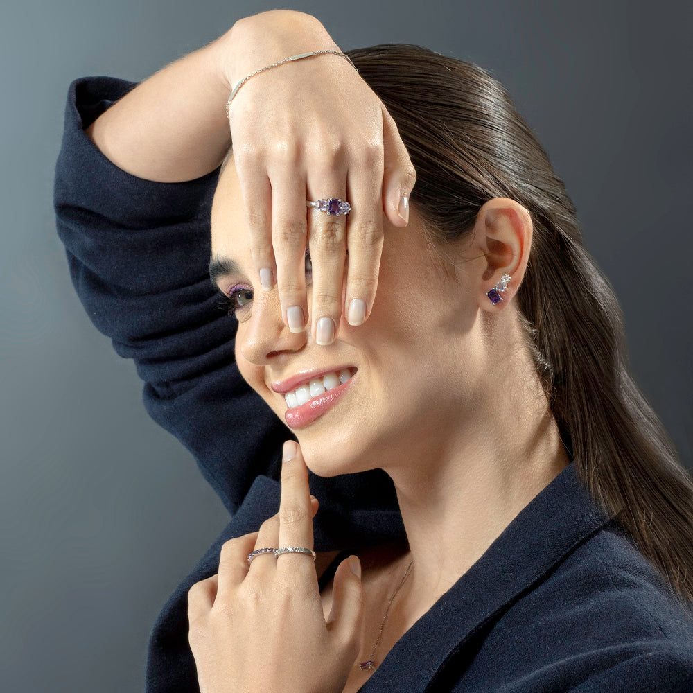 Brinco Colorful em Prata com Ametistas Triplo