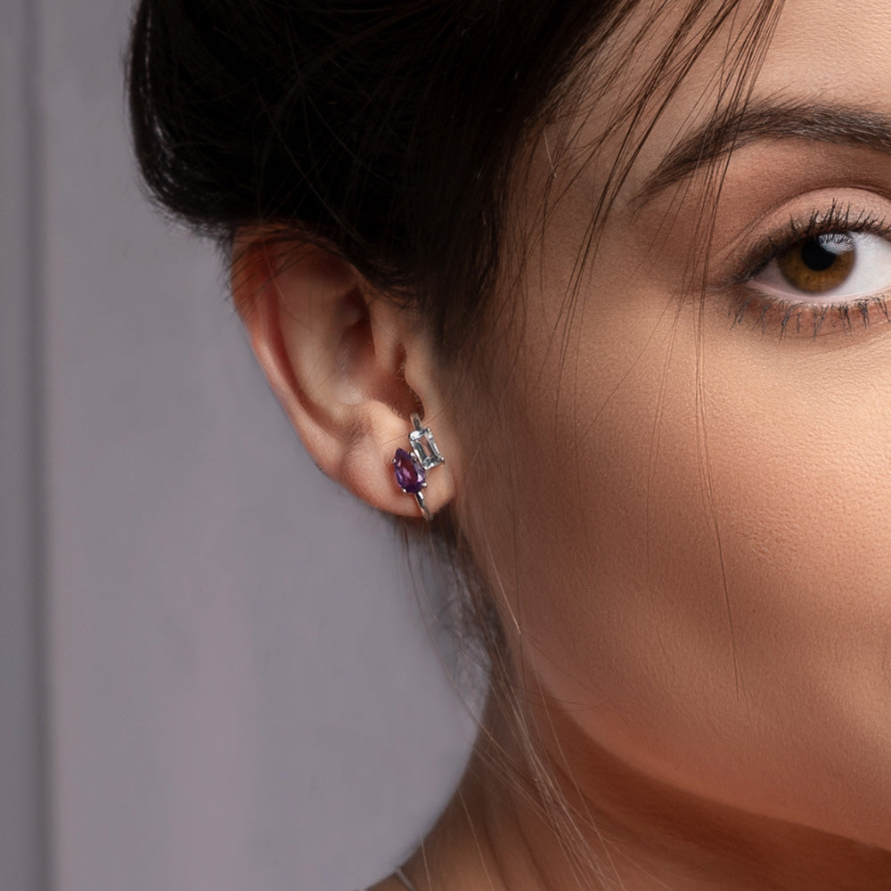 Brinco Colorful em Prata Ear Hook com Topázio Sky e Ametista - JFY